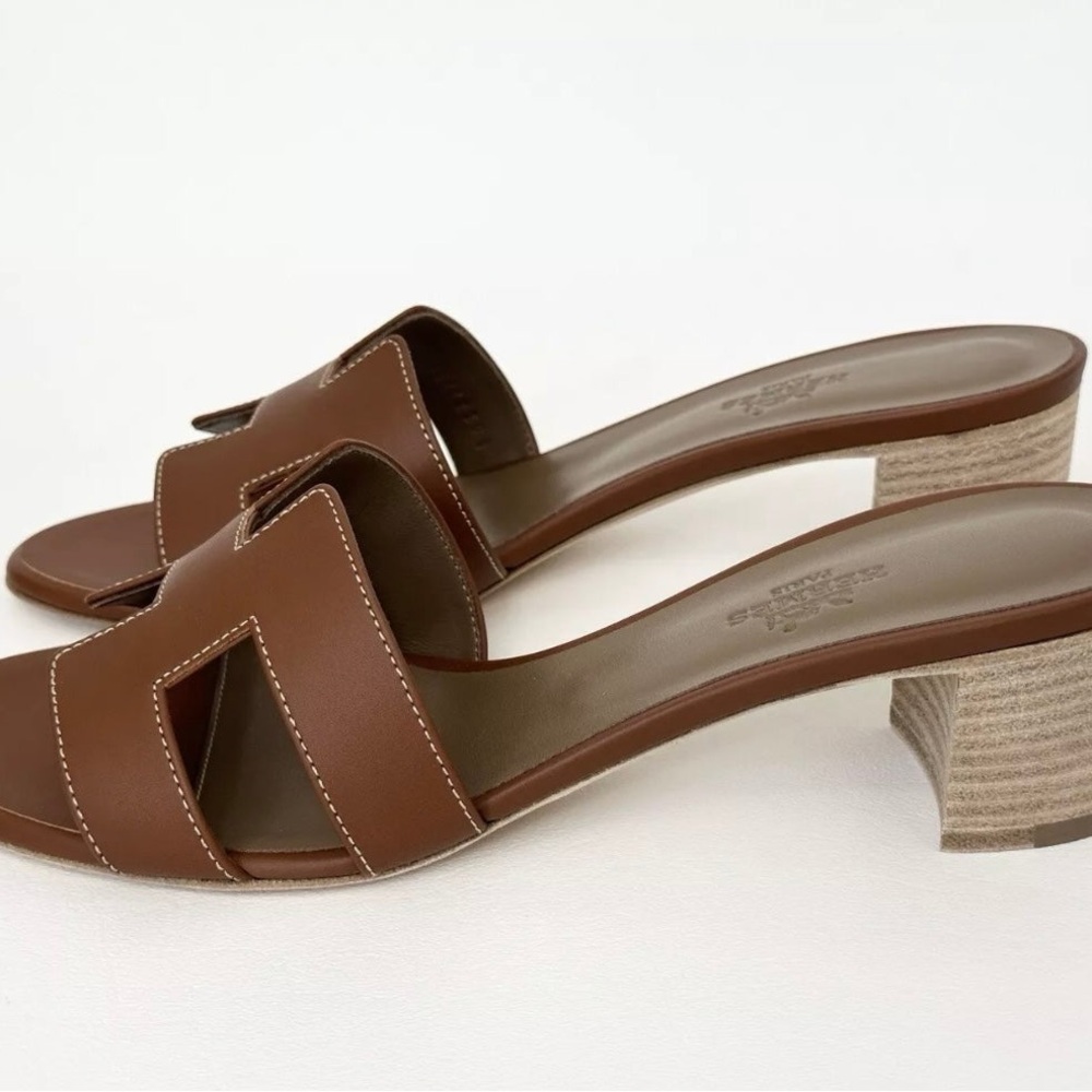 HERMES H OASIS SANDALS IN GOLD BROWN LEATHER SHOES MULES SLIDES HEELS 38 - Picture 5 of 15